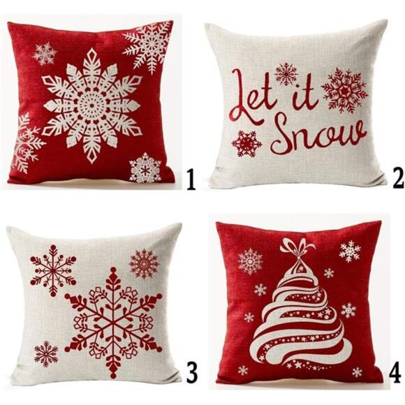 Set of 4 Throw Pillow Cover Christmas Beige Shadow Let It Snow Snowflakes Red - Picture 1 of 6
